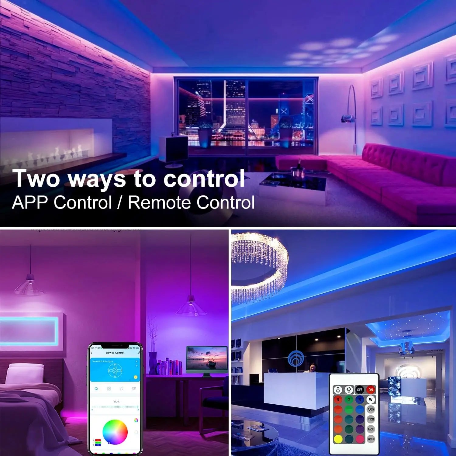 50-130ft LED Strip Lights RGB with Remote 24V