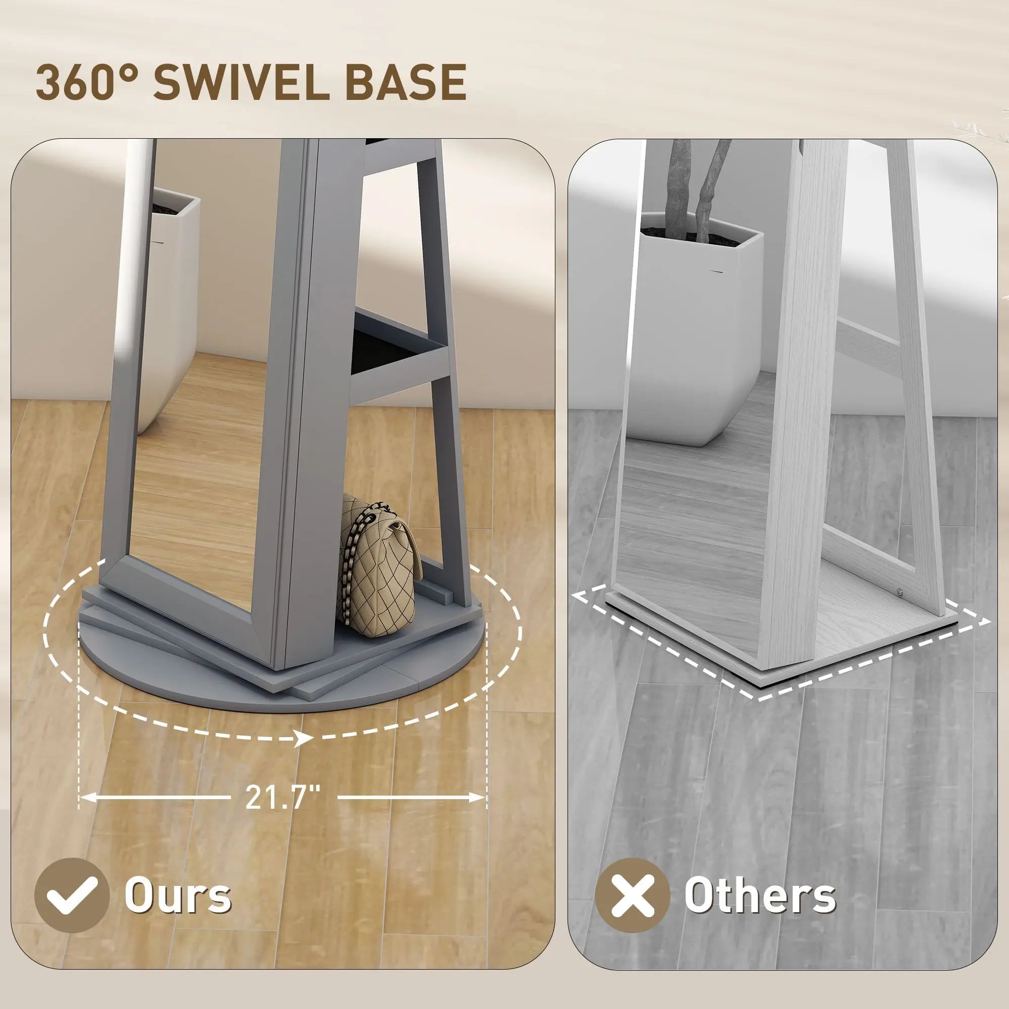 Gray Jewelry Armoire with Full-Length Mirror 360 Degree Swivel Lockable Cabinet Metal Jewelry Organizer with Storage Shelves