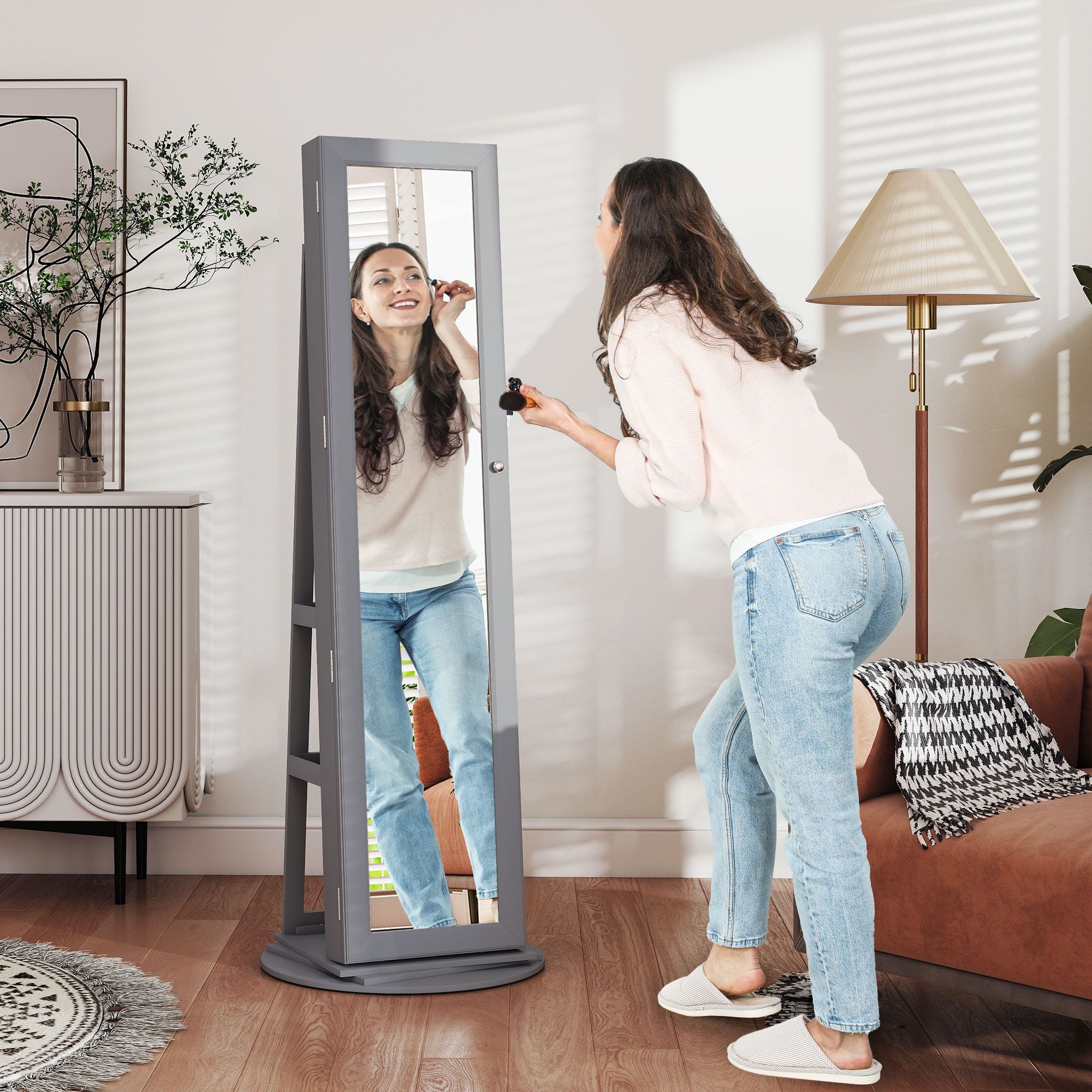 Gray Jewelry Armoire with Full-Length Mirror 360 Degree Swivel Lockable Cabinet Metal Jewelry Organizer with Storage Shelves