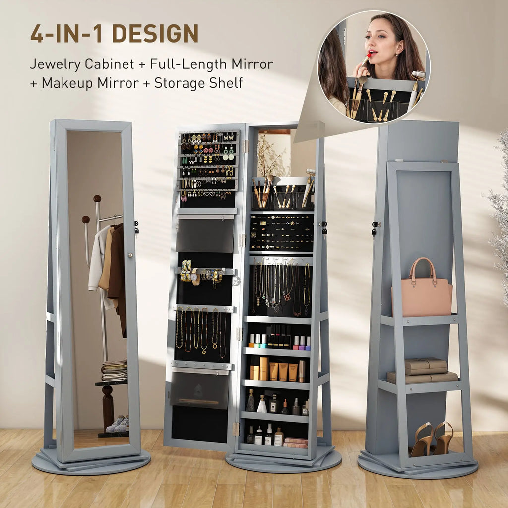 Gray Jewelry Armoire with Full-Length Mirror 360 Degree Swivel Lockable Cabinet Metal Jewelry Organizer with Storage Shelves
