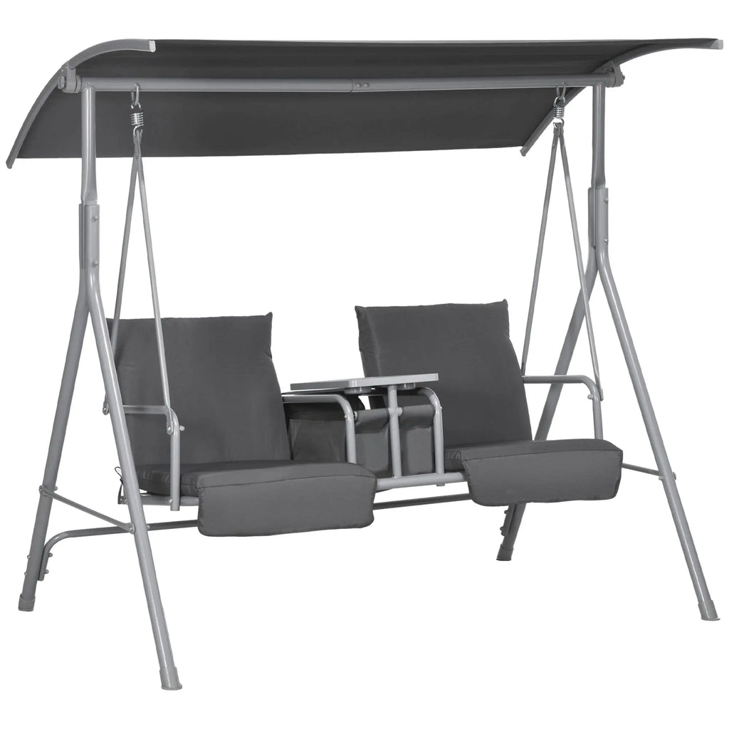 2-Seater Gray Outdoor Porch Swing with Canopy and Table Patio Swing Chair for Garden Poolside or Backyard