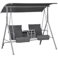 2-Seater Gray Outdoor Porch Swing with Canopy and Table Patio Swing Chair for Garden Poolside or Backyard
