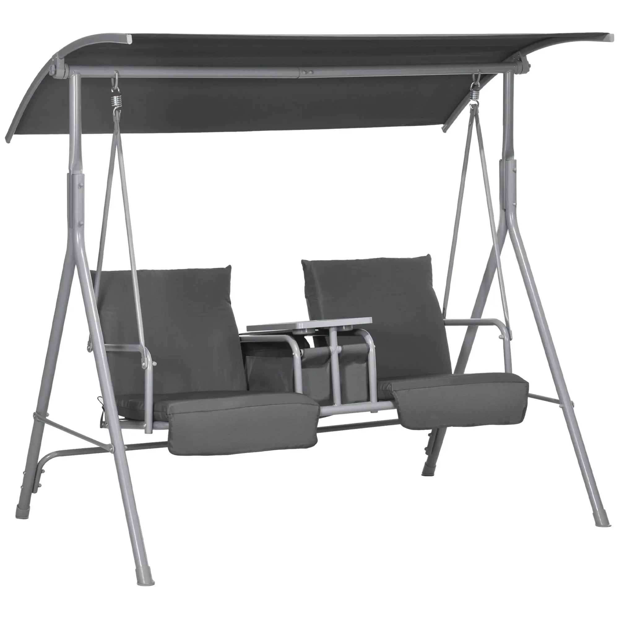 2-Seater Gray Outdoor Porch Swing with Canopy and Table Patio Swing Chair for Garden Poolside or Backyard