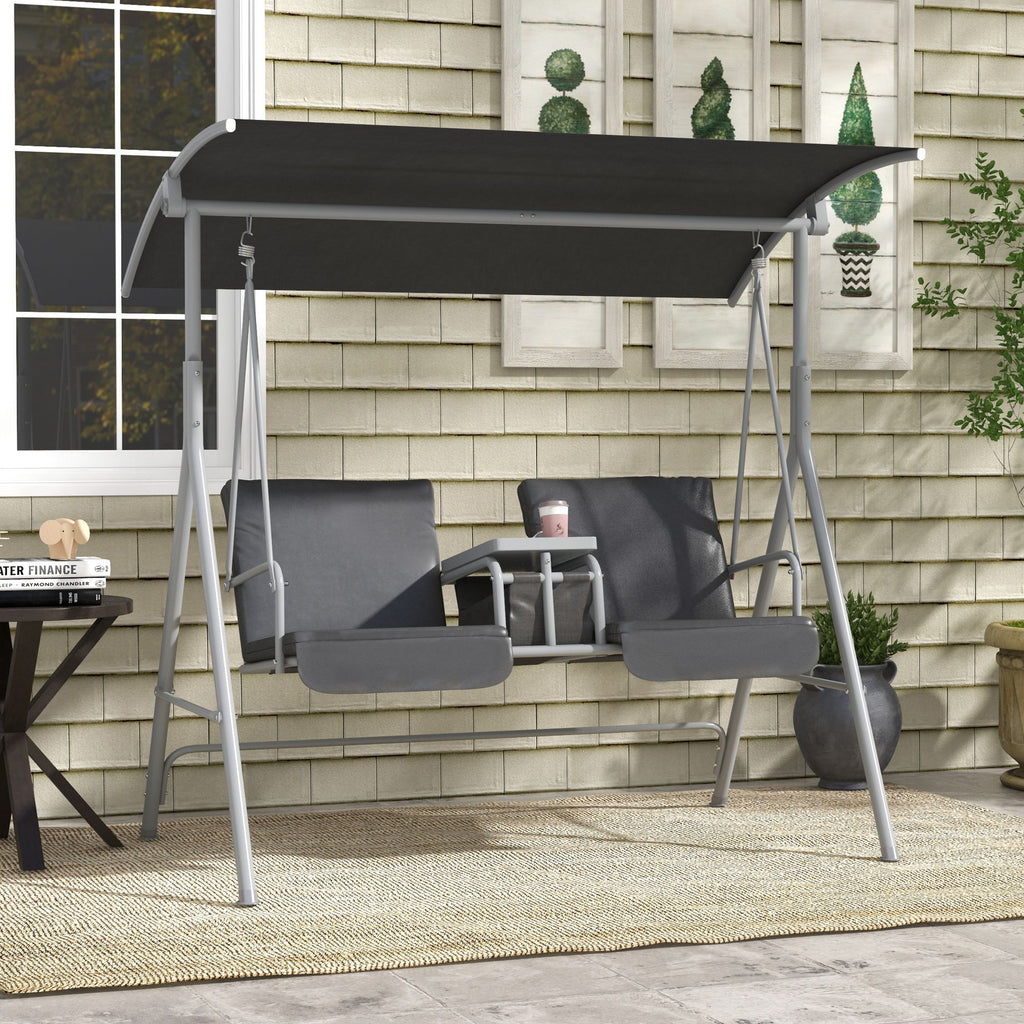 2-Seater Gray Outdoor Porch Swing with Canopy and Table Patio Swing Chair for Garden Poolside or Backyard