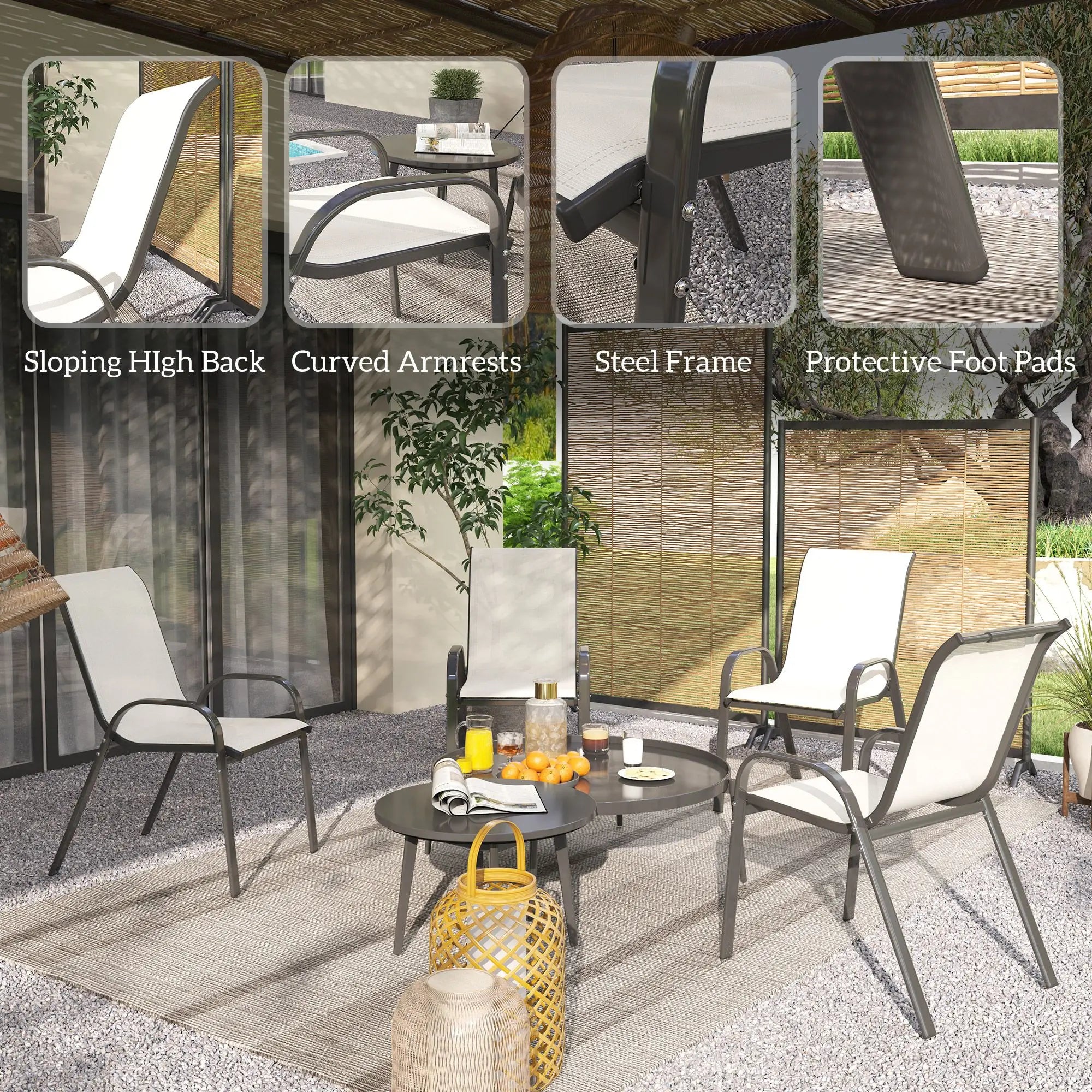 Set of 4 Outdoor Dining Chairs High Back Stackable Patio Chairs with Breathable Mesh Seat Beige for Garden Lawn
