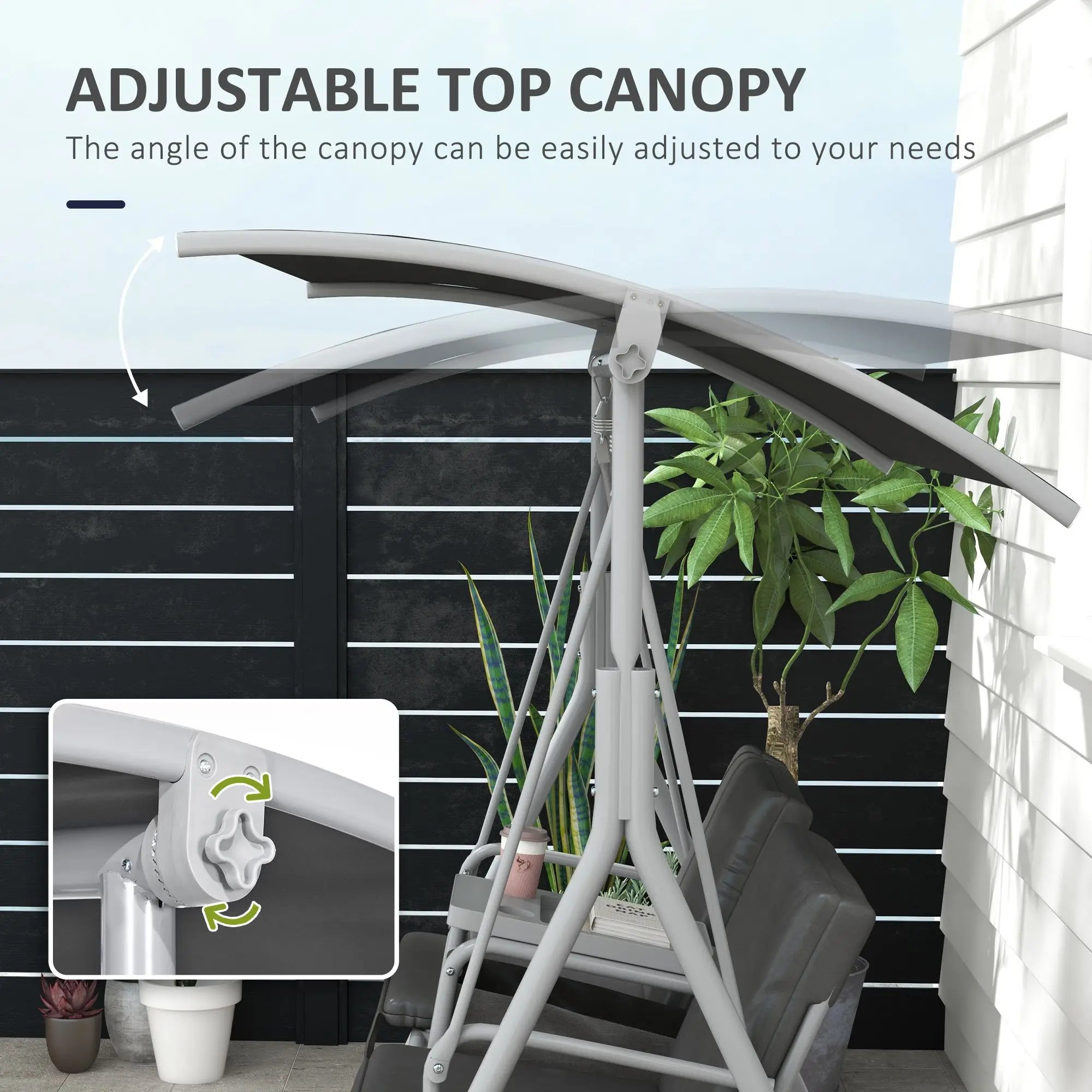 2-Seater Gray Outdoor Porch Swing with Canopy and Table Patio Swing Chair for Garden Poolside or Backyard