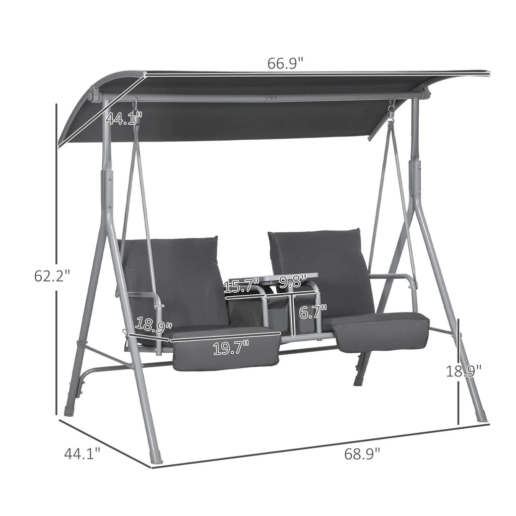 2-Seater Gray Outdoor Porch Swing with Canopy and Table Patio Swing Chair for Garden Poolside or Backyard