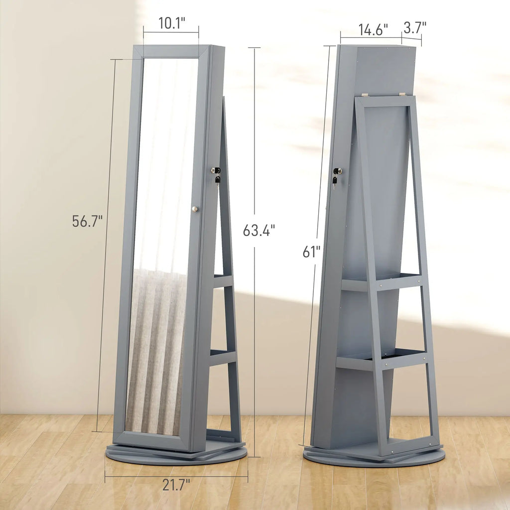Gray Jewelry Armoire with Full-Length Mirror 360 Degree Swivel Lockable Cabinet Metal Jewelry Organizer with Storage Shelves