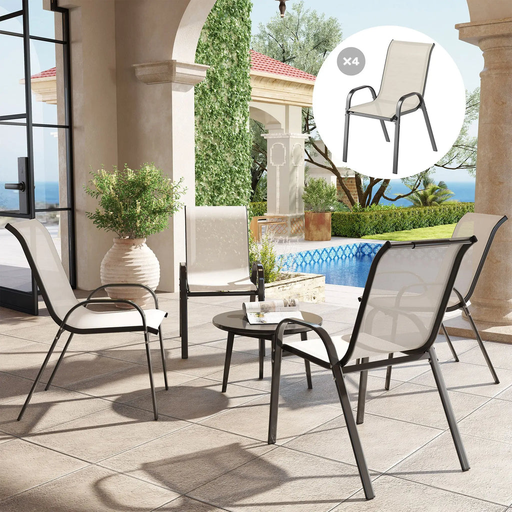 Set of 4 Outdoor Dining Chairs High Back Stackable Patio Chairs with Breathable Mesh Seat Beige for Garden Lawn