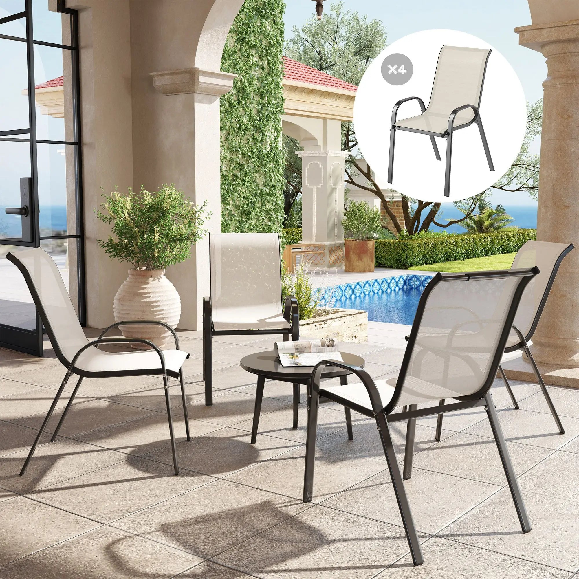 Set of 4 Outdoor Dining Chairs High Back Stackable Patio Chairs with Breathable Mesh Seat Beige for Garden Lawn