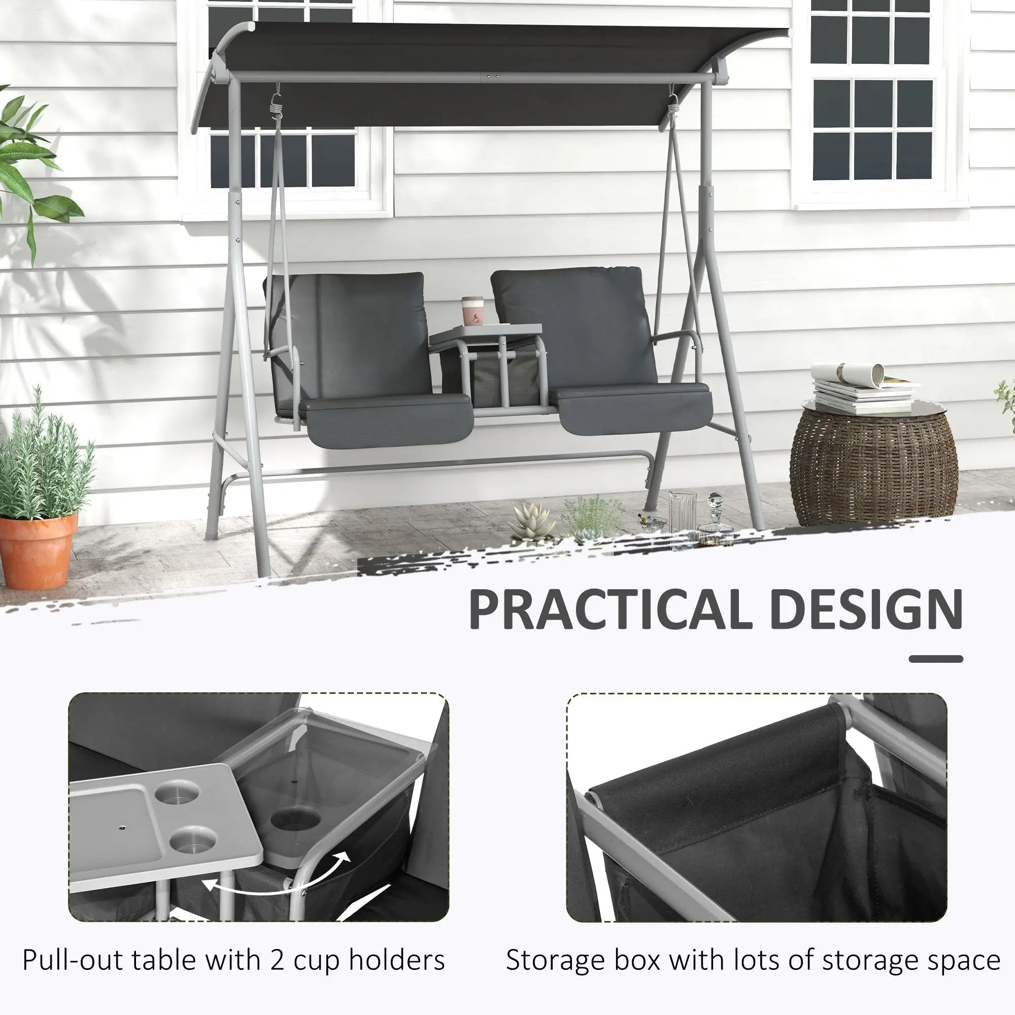 2-Seater Gray Outdoor Porch Swing with Canopy and Table Patio Swing Chair for Garden Poolside or Backyard