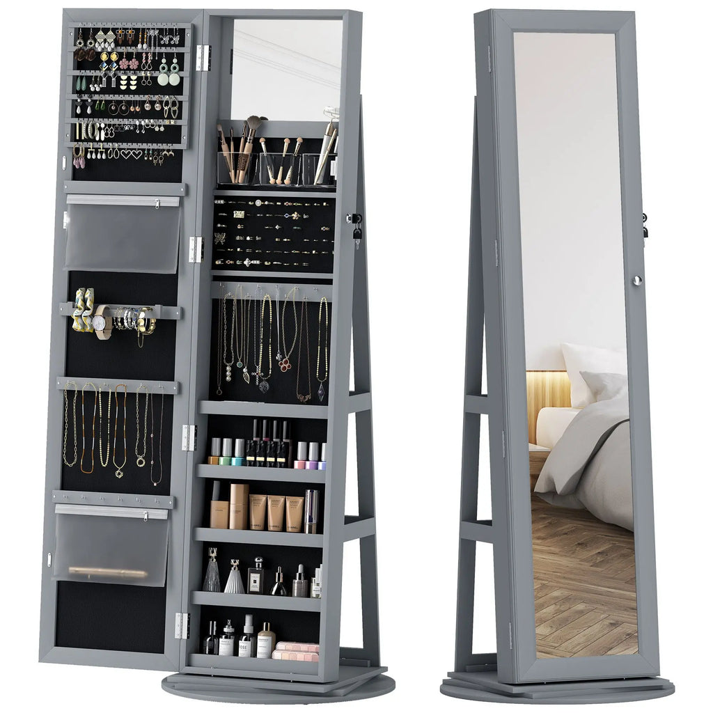 Gray Jewelry Armoire with Full-Length Mirror 360 Degree Swivel Lockable Cabinet Metal Jewelry Organizer with Storage Shelves