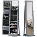 Gray Jewelry Armoire with Full-Length Mirror 360 Degree Swivel Lockable Cabinet Metal Jewelry Organizer with Storage Shelves